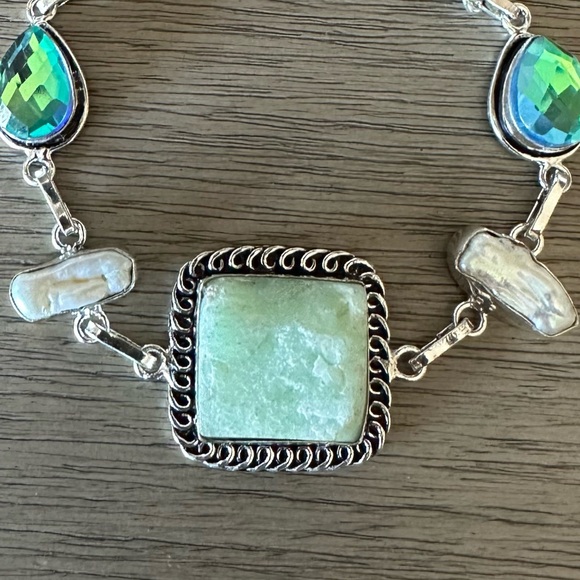 0298 Chrysoprase Biwa Pearl Bracelet Handmade Silver Gemstone Jewelry - Picture 3 of 8